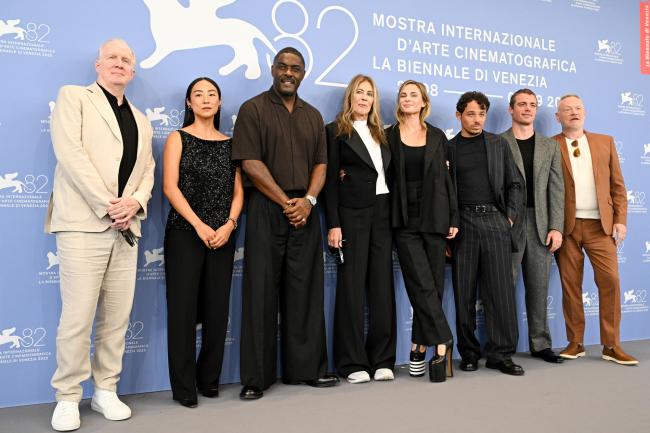 Tracy Letts, Greta Lee, Idris Elba, Kathryn Bigelow, Rebecca Ferguson, Anthony Ramos, Gabriel Basso, Jared Harris at the 'A House Of Dynamite' photocall at The 82nd Venice International Film Festival on September 02, 2025 in Venice, Italy.