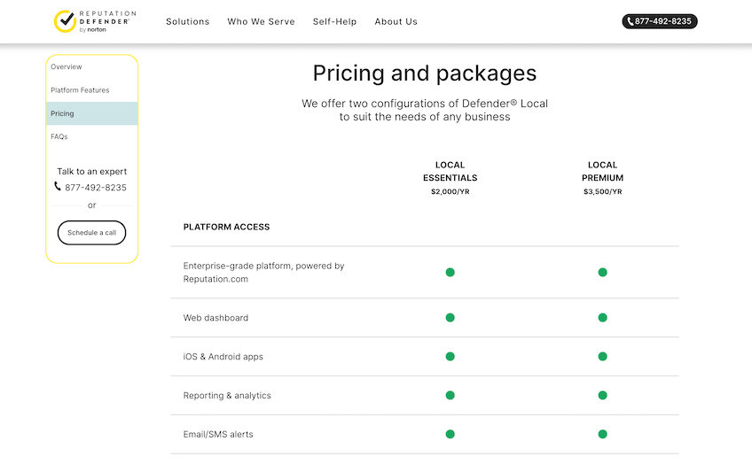 ReputationDefender image of the features of the Local Essentials and Local Premium plans