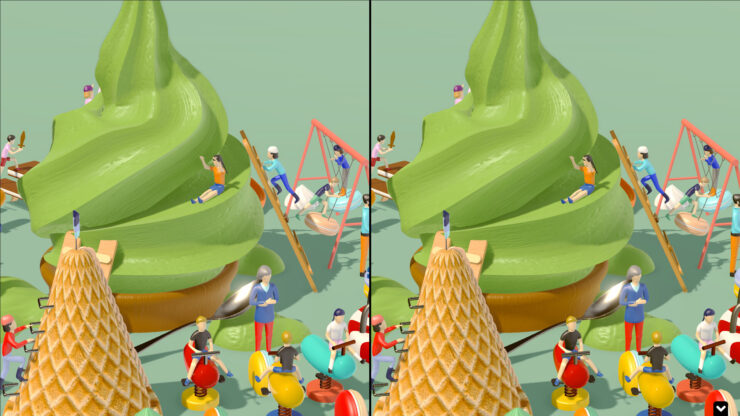 tiny lands 2 - small people play on playground equipment near giant ice cream cones.