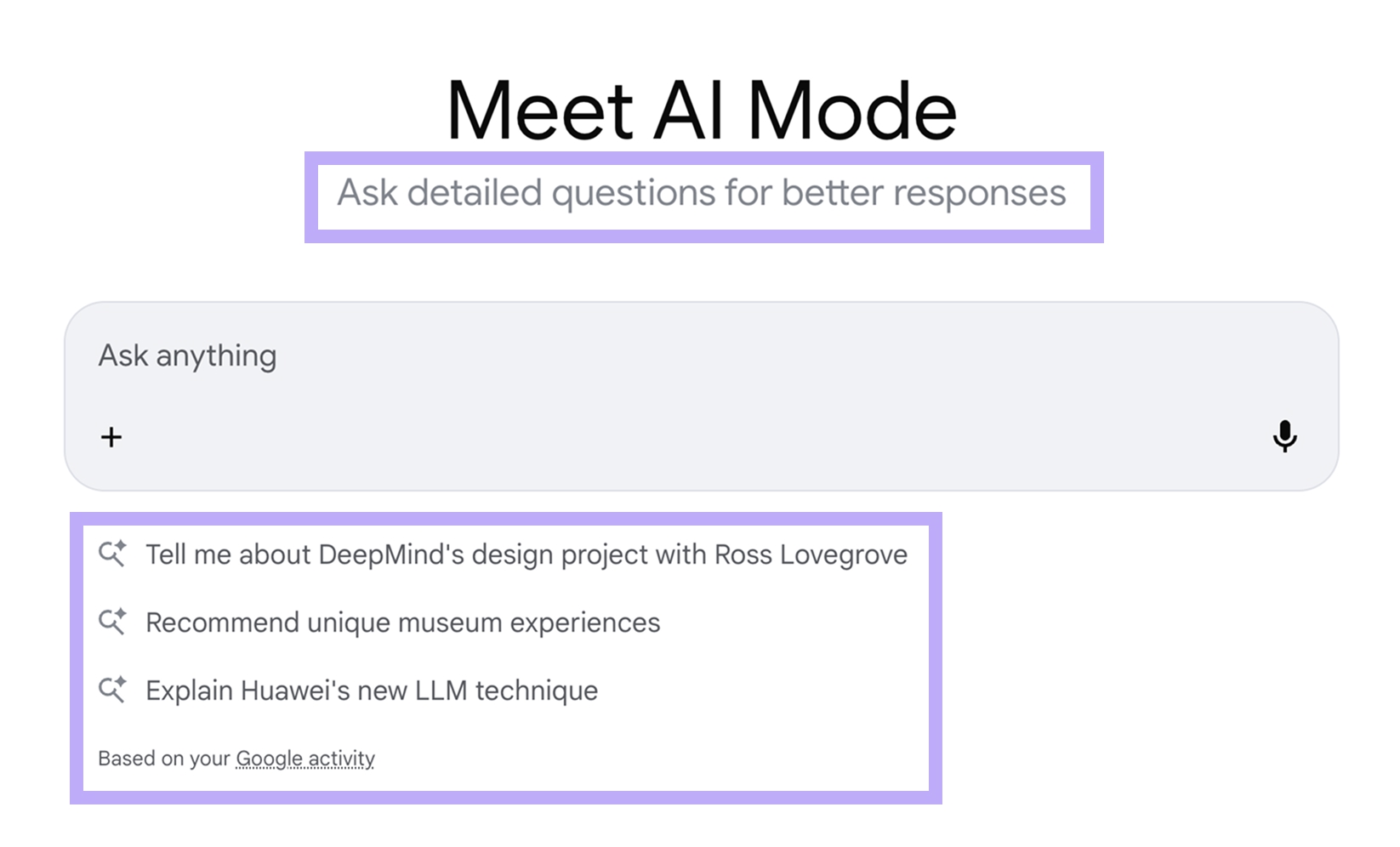 Google AI Mode welcome page showing onboarding guidance and personalized prompt suggestions based on a user's recent activity and interests.