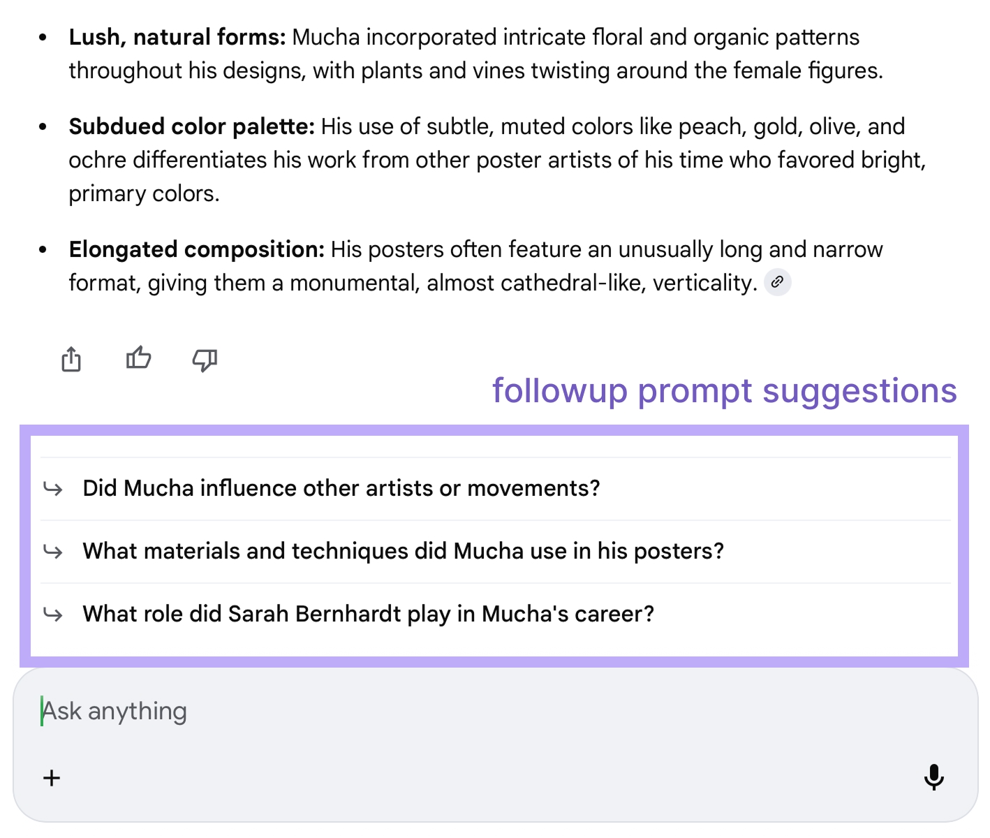 Google AI Mode interface showing clickable followup prompt suggestions at the bottom of a search response, with an open text field for custom questions.