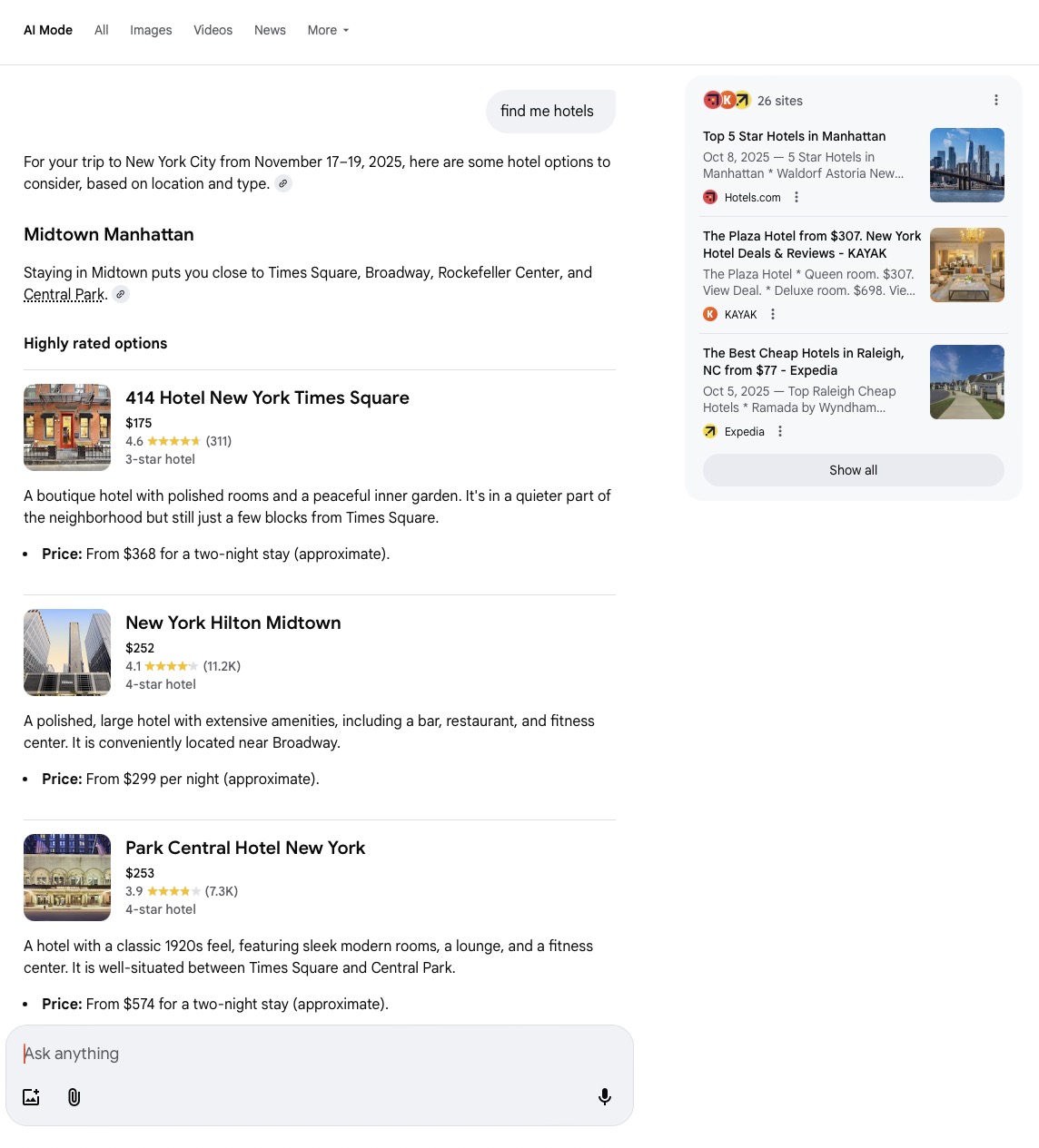Google AI Mode hotel search results for New York showing integrated data from Google Maps, reviews, and pricing with expandable details panels.
