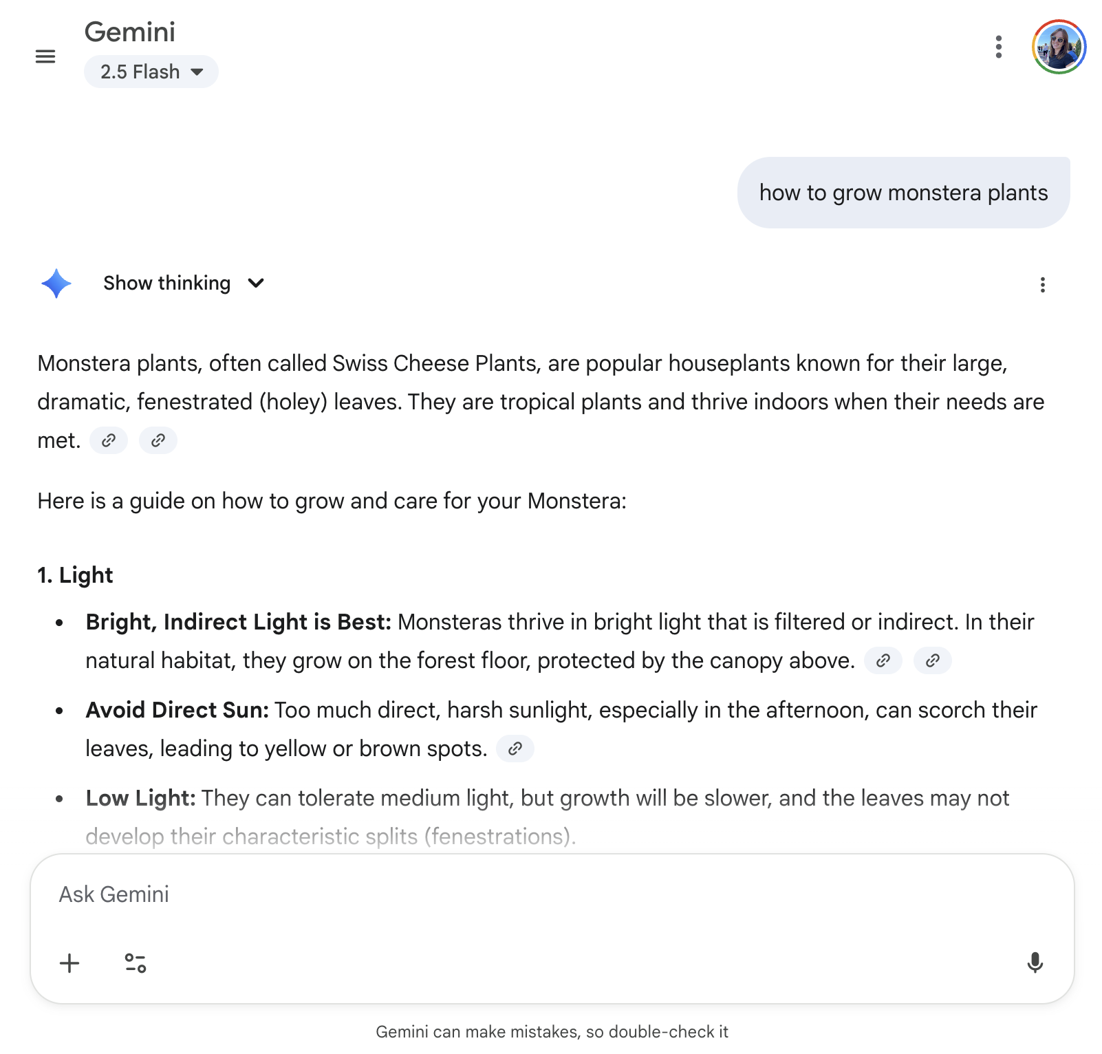 Google Gemini pulling from Google Search to answer a question about houseplants.
