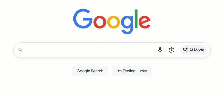 Google AI Mode button with shimmery rainbow outline animation designed to attract user attention and improve discoverability.
