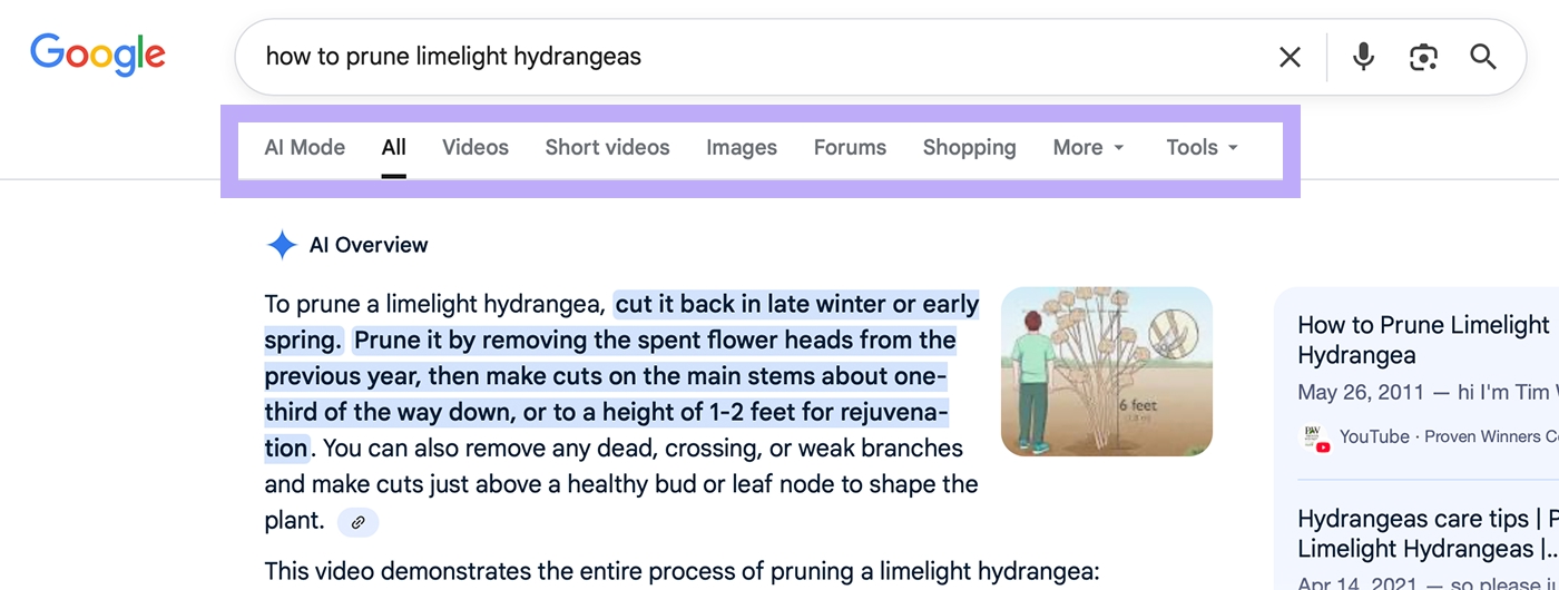 AI Mode is featured in the tabs of Google Search along with options like Images and Videos.