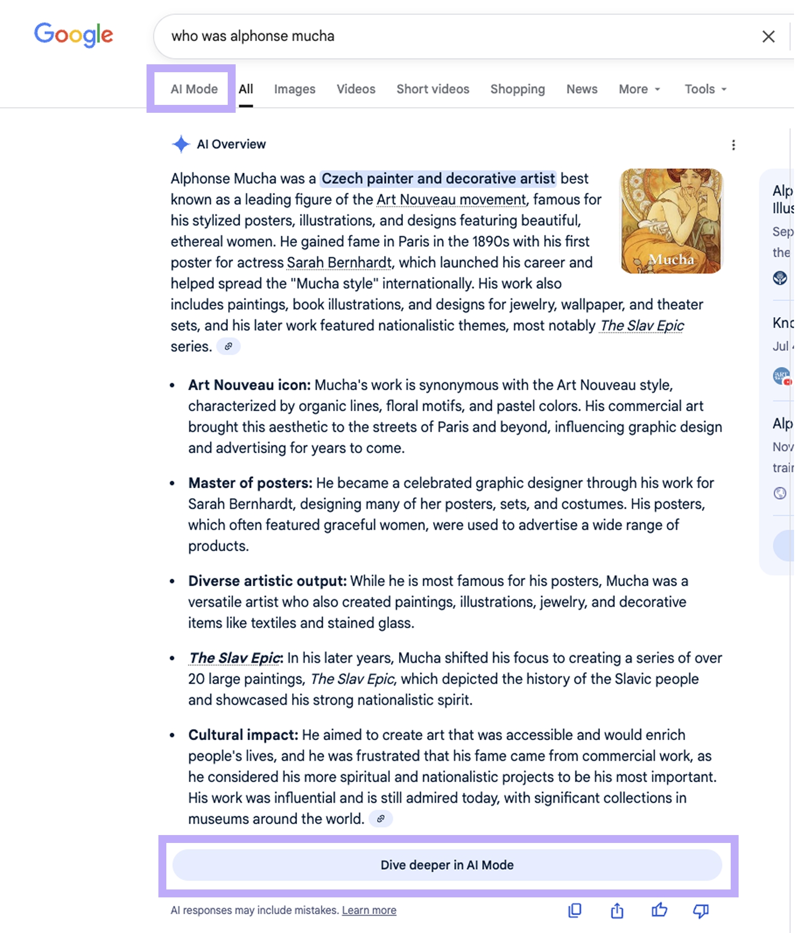 Google search results page showing AI Mode tab and access button at bottom of expanded AI Overview, demonstrating poor discoverability placement.