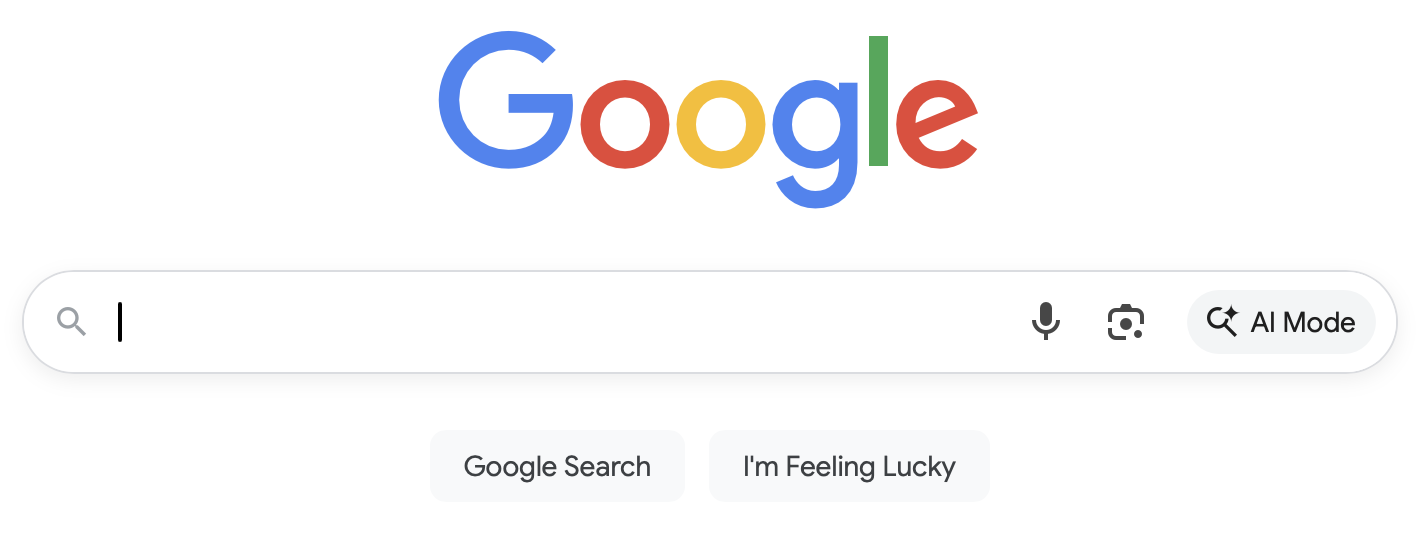 Google homepage search bar showing AI Mode button with sparkly magnifying glass icon next to voice search and image search options.