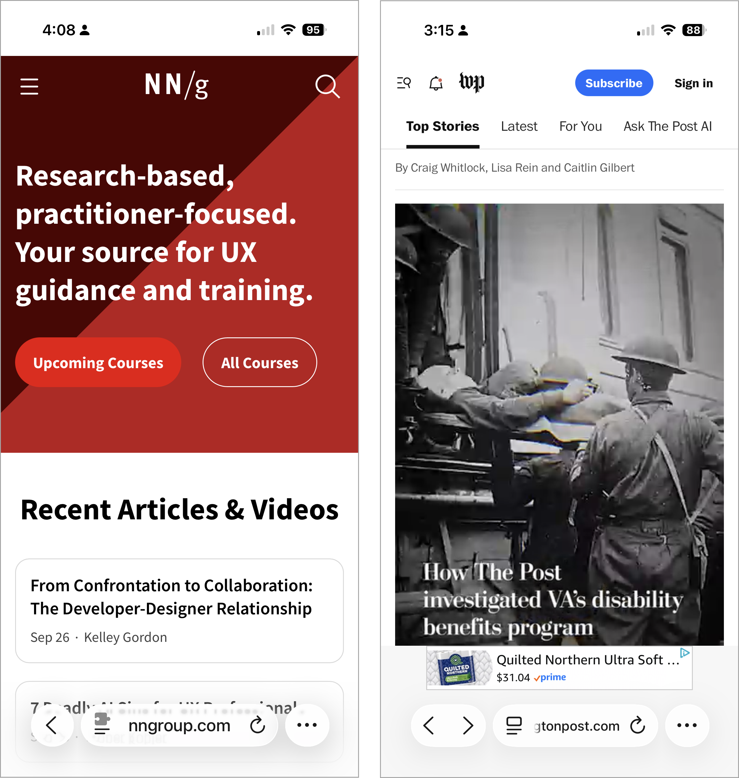 Two screenshots of the new Safari design. In one image there is only a back button, the second image features both a back and forward button in the controls. 