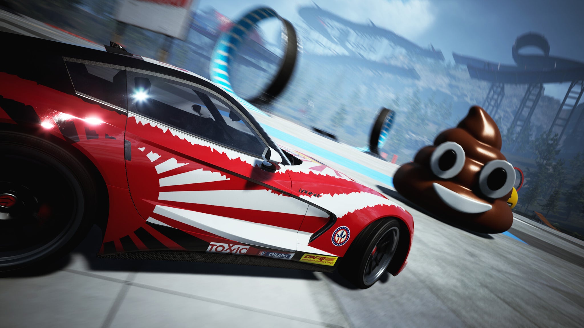 A car about to run into a poop emoji in Wreckreation.