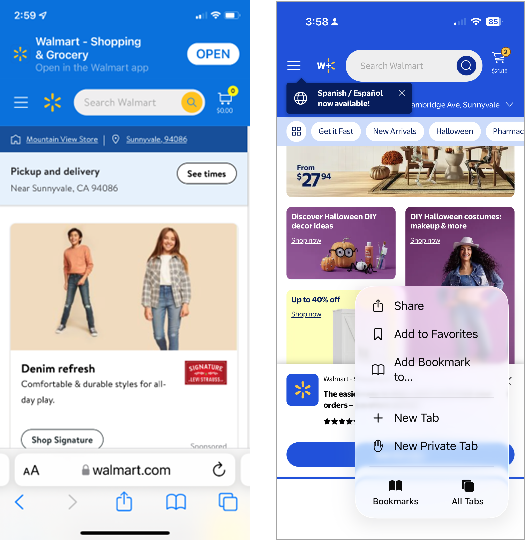 Comparison of the Safari apps on the old and new iOS design. The old design has two box icon indicating tabs. In the new design, the tabs appear as a popup in the bottom corner after selecting a seperate menu.