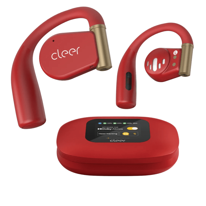 Image of Cleer Audio's Arc 3 Series open-ear earbuds in red, featuring a distinctive LED Smart Touch Screen charging case.