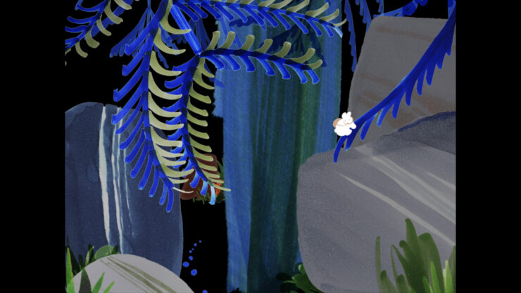 Wander in Wonder - A bunny climbs the branch of a blue plant.