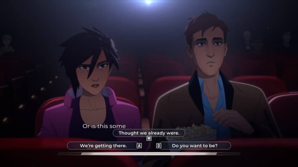 Scene from Dispatch showing two characters sitting in a movie theater with dialogue choices on screen