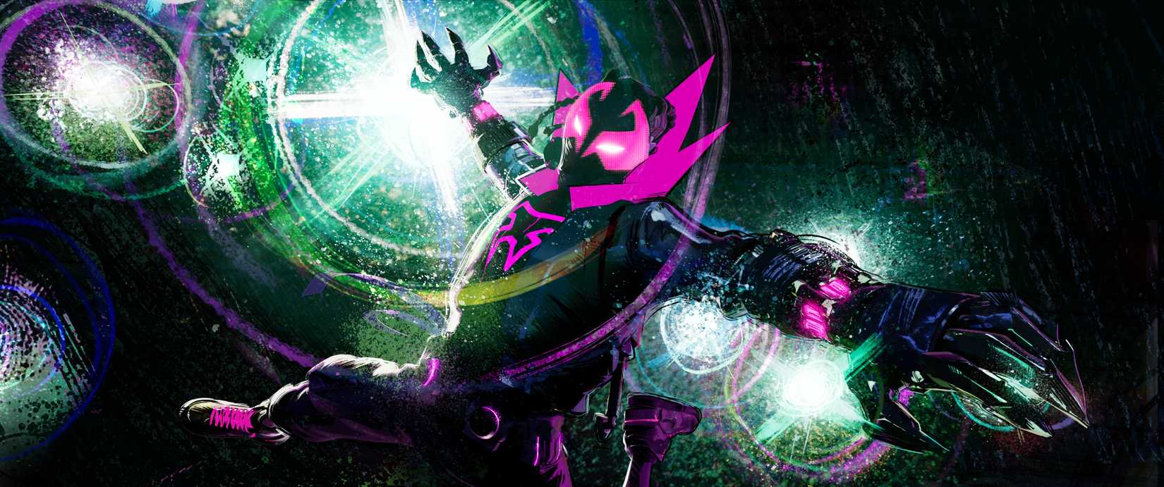 The Prowler, a masked figure in black and hot-pink armor with metallic clawed gauntlets, reaches upward, a blast of light flaring behind him, in an early promotional image for Spider-Man: Beyond the Spider-Verse
