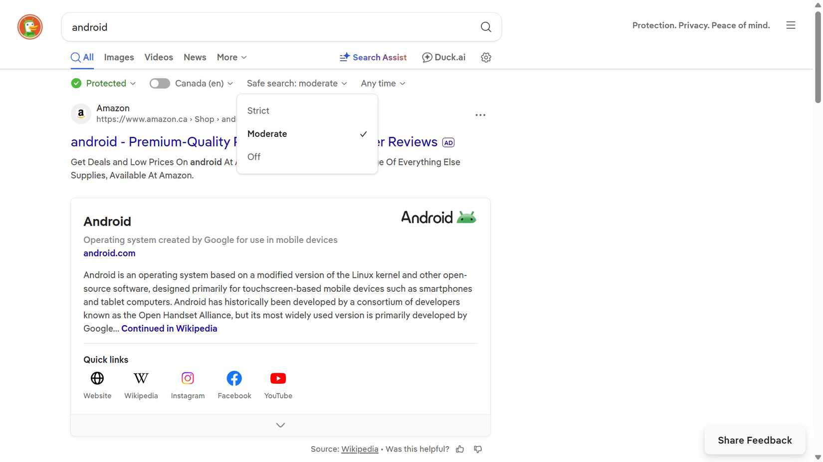 Opened Safe search engine settings on the DuckDuckGo default search engine page with the Android search queried