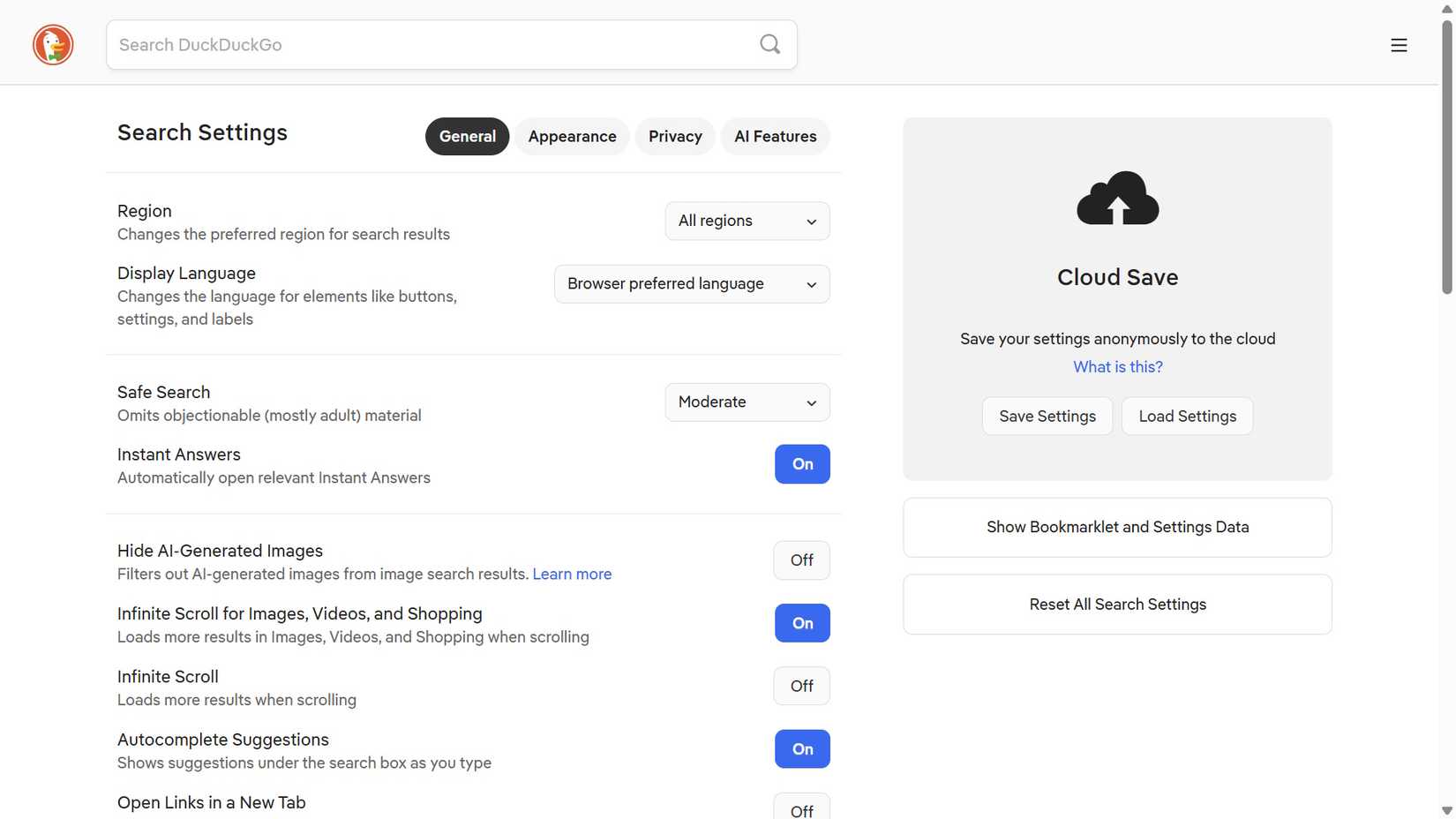 DuckDuckGo search engine settings page showing a list of custom options including Safe Search