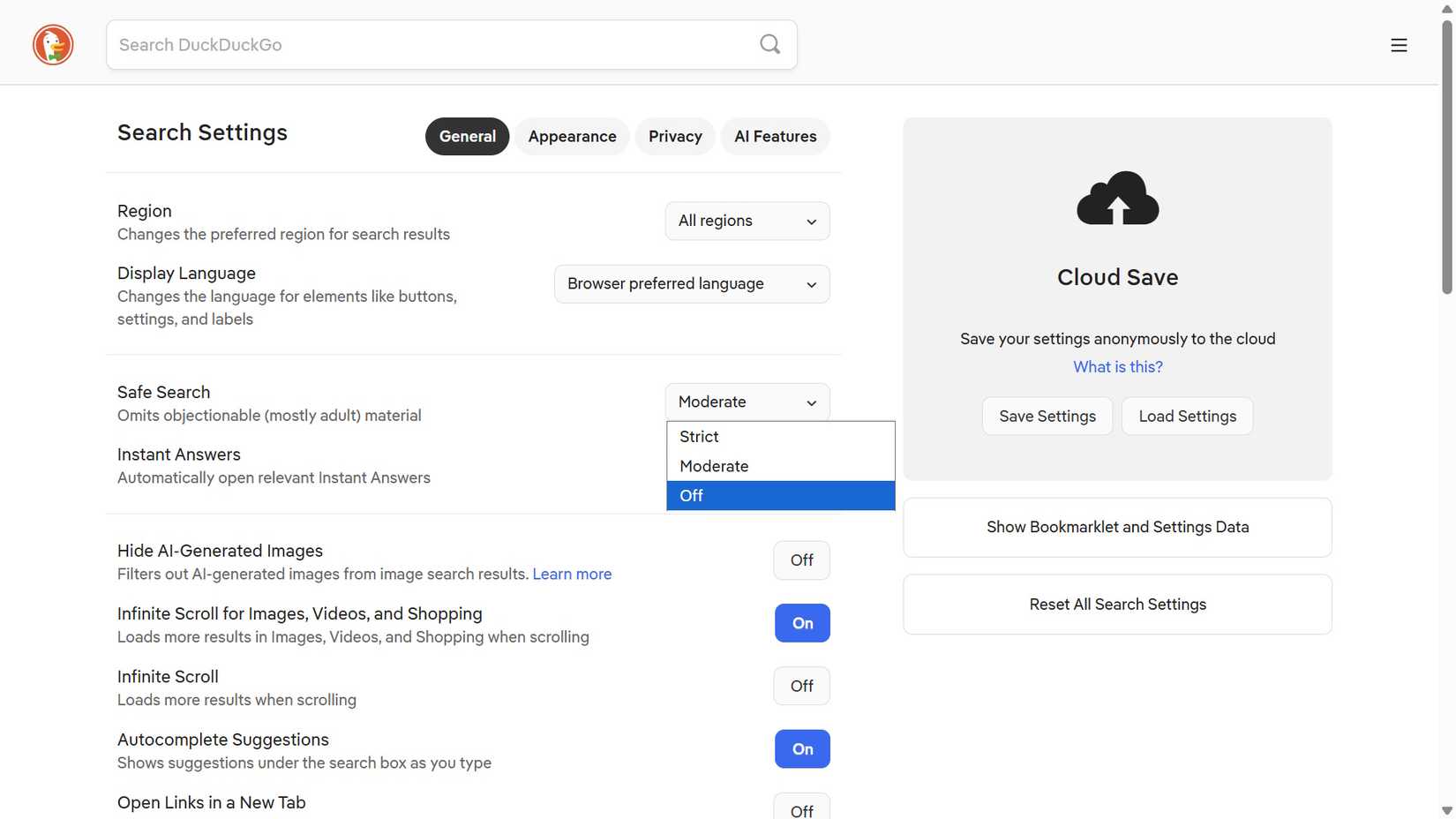 Safe Search options in DuckDuckGo settings showing with the Off option highlighted