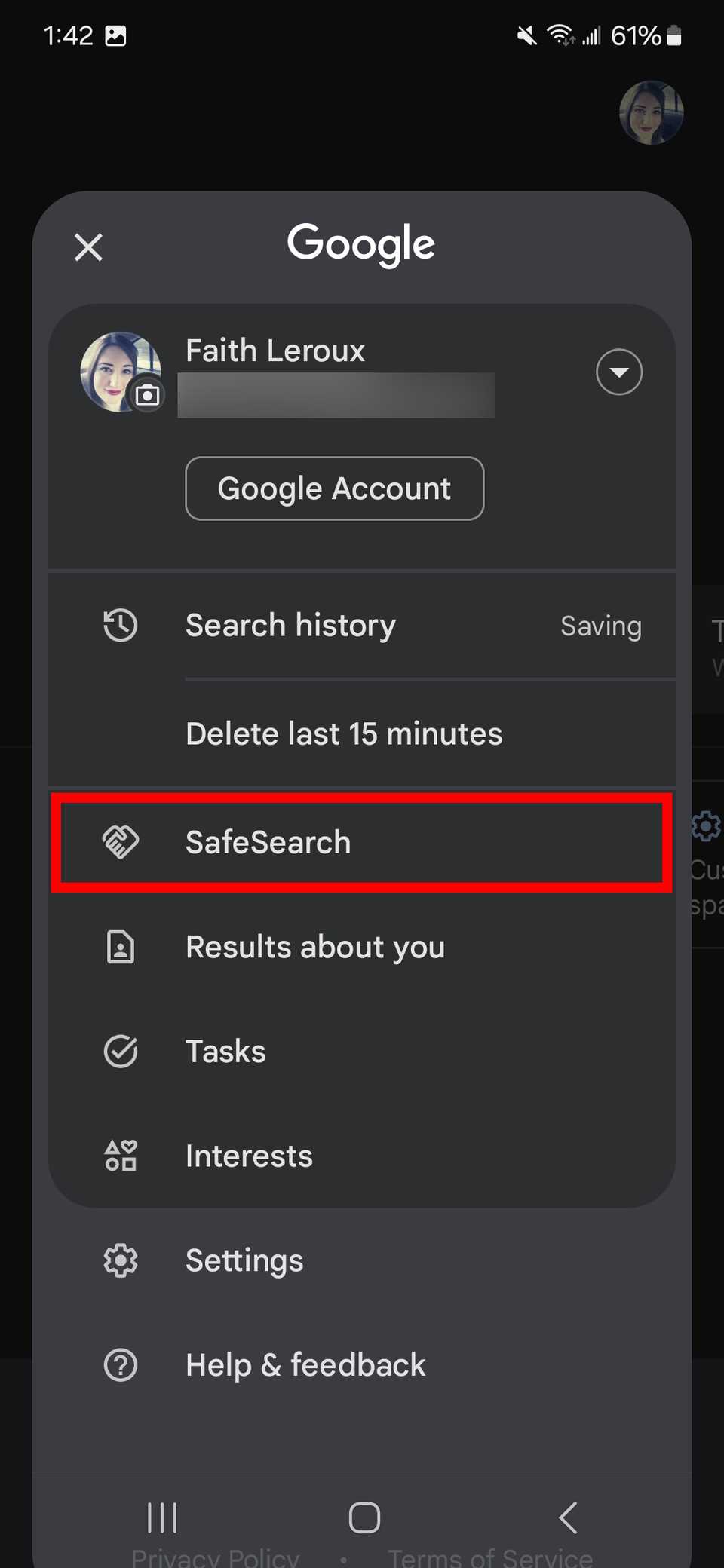 red rectangle outline over safe search option in google account settings