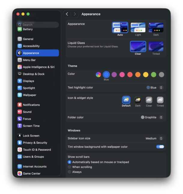Clear and Tinted appearance options in macOS Tahoe