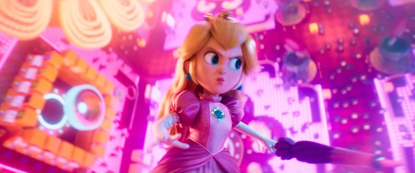 Princess Peach scowls and wields a pink umbrella in front of a neon-pink background in The Super Mario Galaxy Movie trailer 