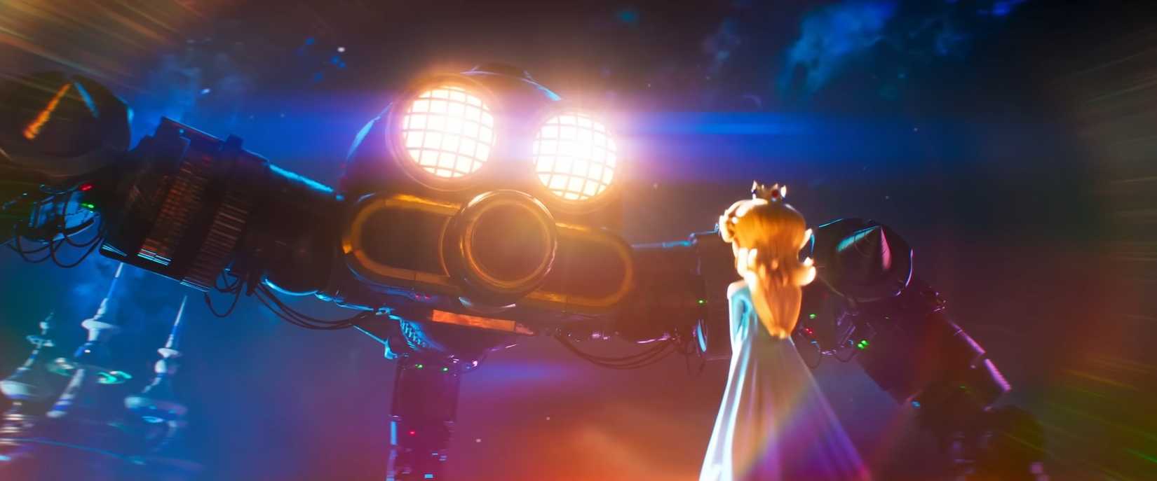 Princess Rosalina stands with her back to the camera and faces the Megaleg from Super Mario Galaxy in The Super Mario Galaxy Movie trailer