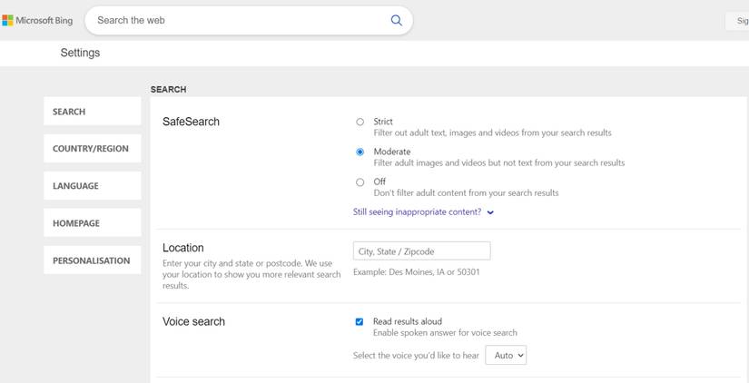 Bing settings page showing a list of options including SafeSearch