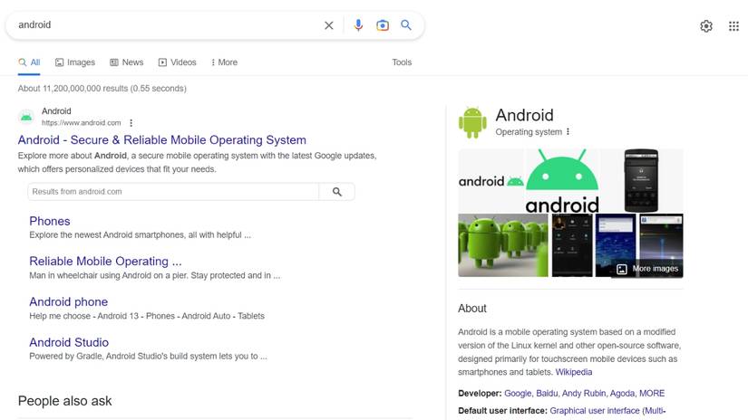 Google search result page using Android keyword