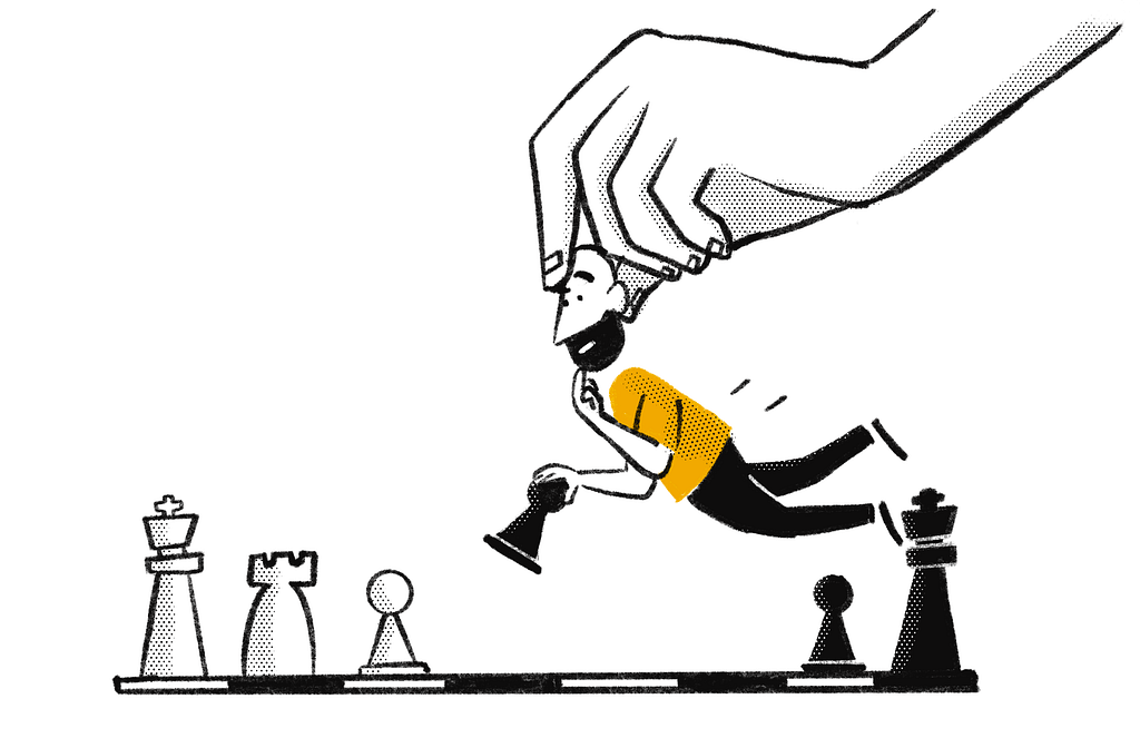 Illustration of a hand lifting a person like a chess piece above a chessboard while the person holds another chess piece.