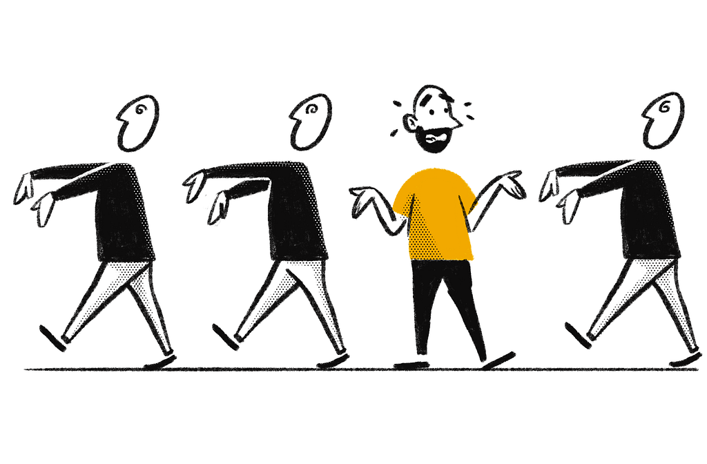 Illustration of several people walking in the same direction with zombie-like posture, while one person in the middle shrugs and looks confused.