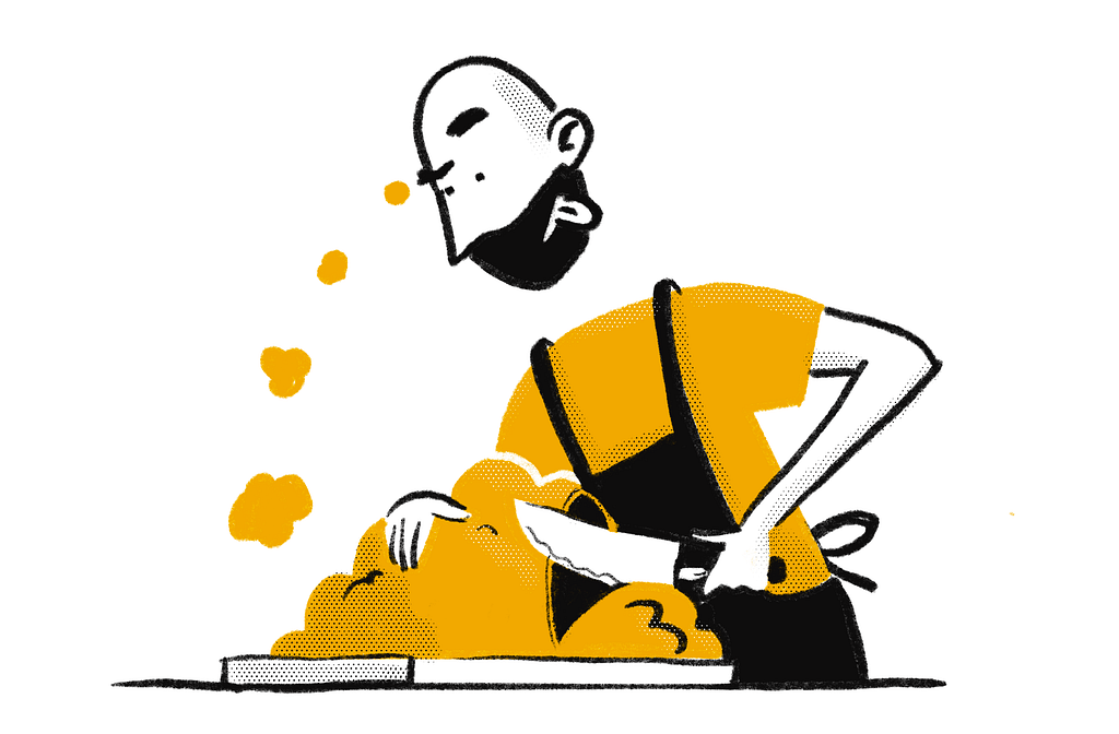 Illustration of a person cutting into a thought cloud with a knife.