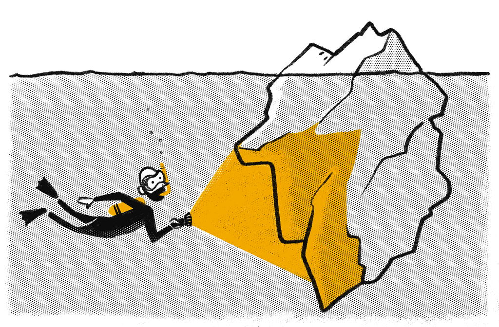 Illustration of a person diving underwater with a flashlight, illuminating a large iceberg hidden beneath the surface.