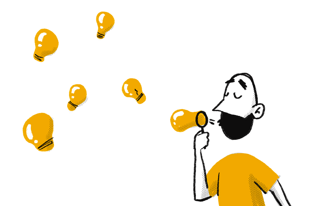 Illustration of a person blowing bubbles shaped like light bulbs, floating in the air.