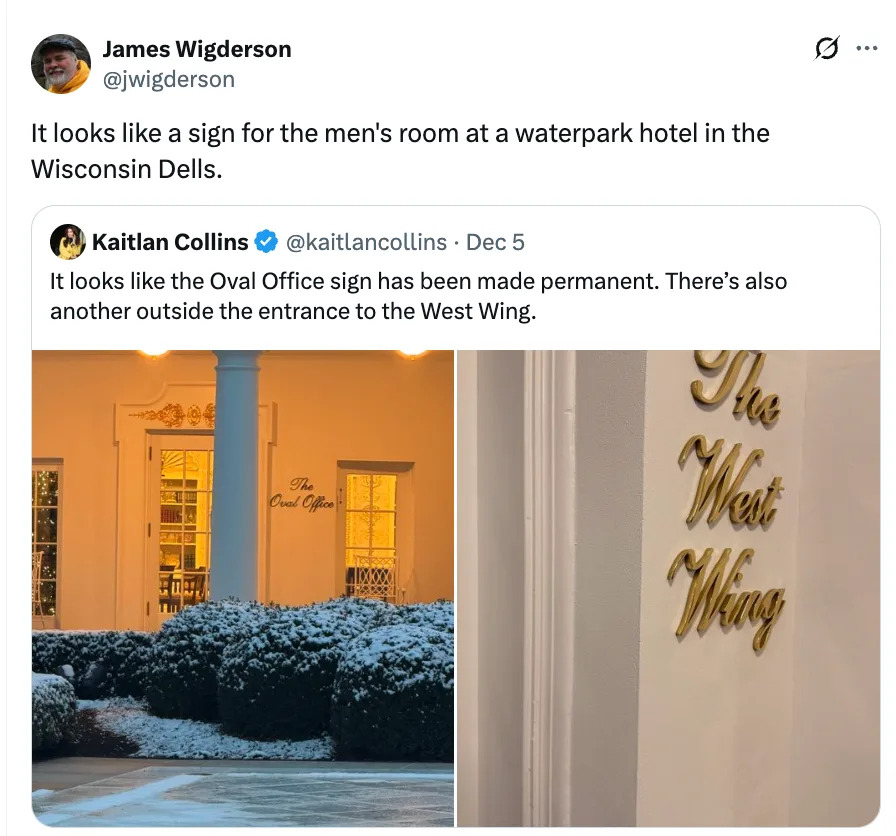 Tweet comparing a sign at a waterpark hotel to the Oval Office sign, noting humor in their similarity