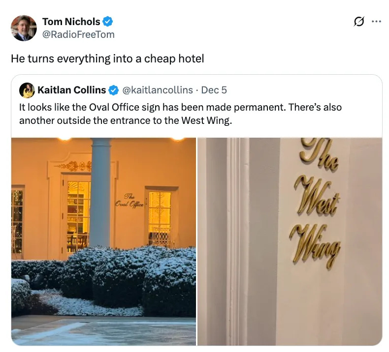 Tweet mocking Oval Office signage, comparing its appearance to a cheap hotel entrance