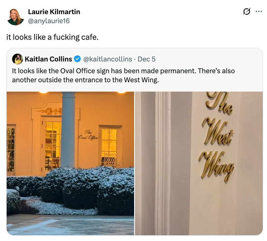 Tweet jokes about White House exterior resembling a cafe, pointing out the Oval Office sign