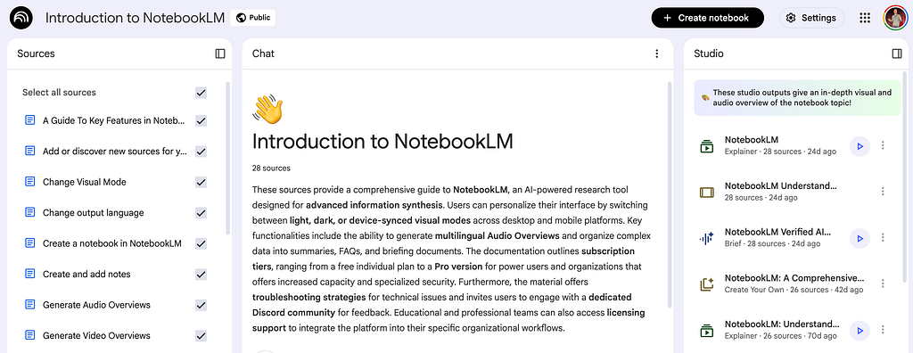 A screenshot of the NotebookLM feature including sources, the overview page, and the studio feature.